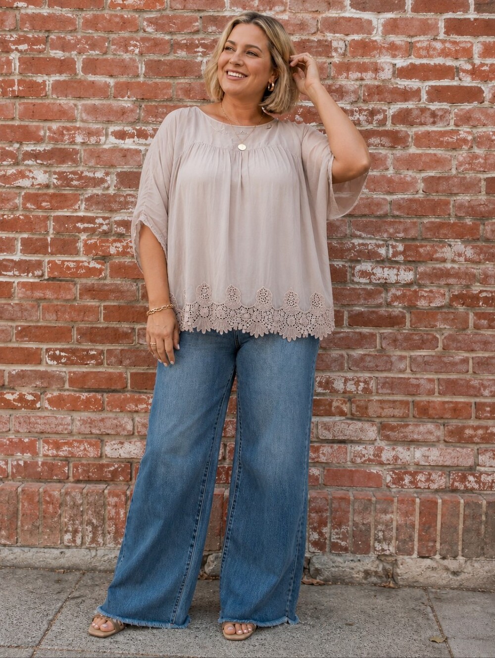 Elena Balai Plus Size 3x: Lightweight Silk Crochet-Hem Peasant Top: Beige Taupe